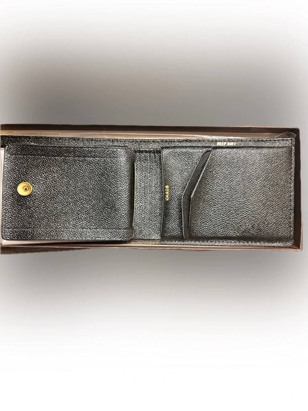 Vintage NWT Black Pebbled Leather Card Wallet with Gold Foil Text